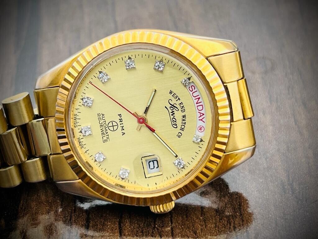 Vintage NOS West End Co President Diamond 37mm All Gold, Automatic Gents Watch - Grab A Watch Co