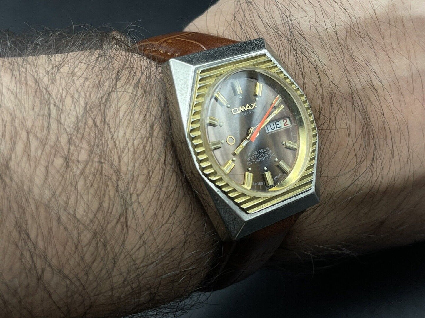 Vintage Omax 17 Jewels Automatic Brown Dial 36mm Mens Watch, Swiss Made - Grab A Watch Co