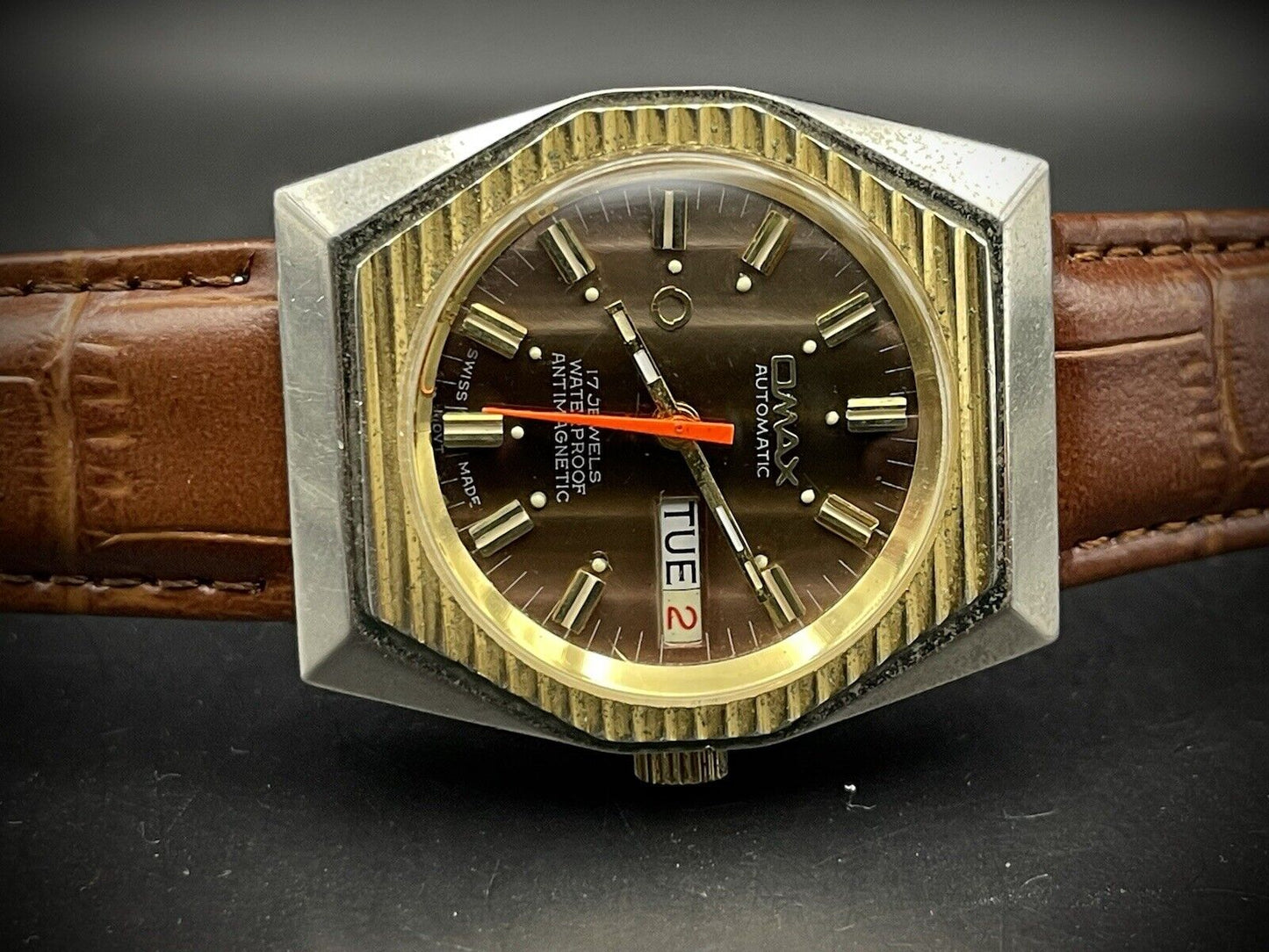 Vintage Omax 17 Jewels Automatic Brown Dial 36mm Mens Watch, Swiss Made - Grab A Watch Co