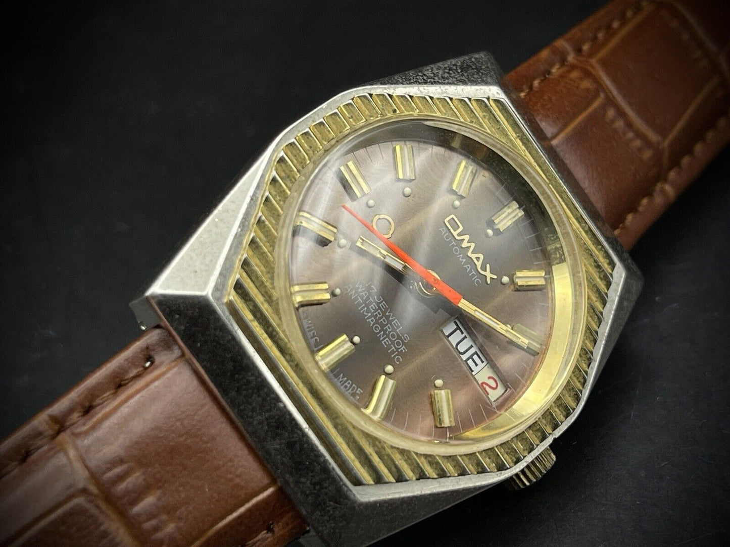 Vintage Omax 17 Jewels Automatic Brown Dial 36mm Mens Watch, Swiss Made - Grab A Watch Co