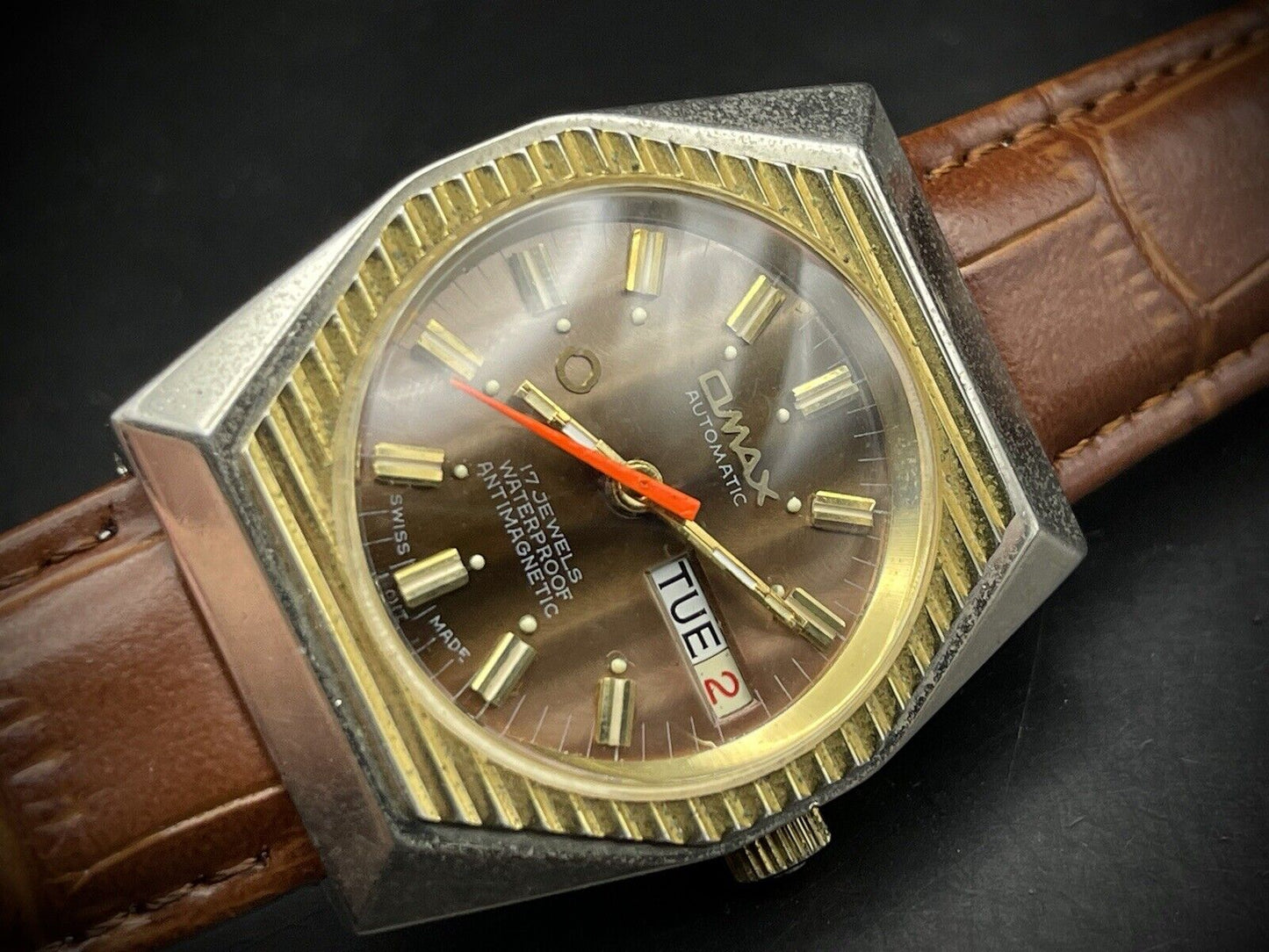 Vintage Omax 17 Jewels Automatic Brown Dial 36mm Mens Watch, Swiss Made - Grab A Watch Co