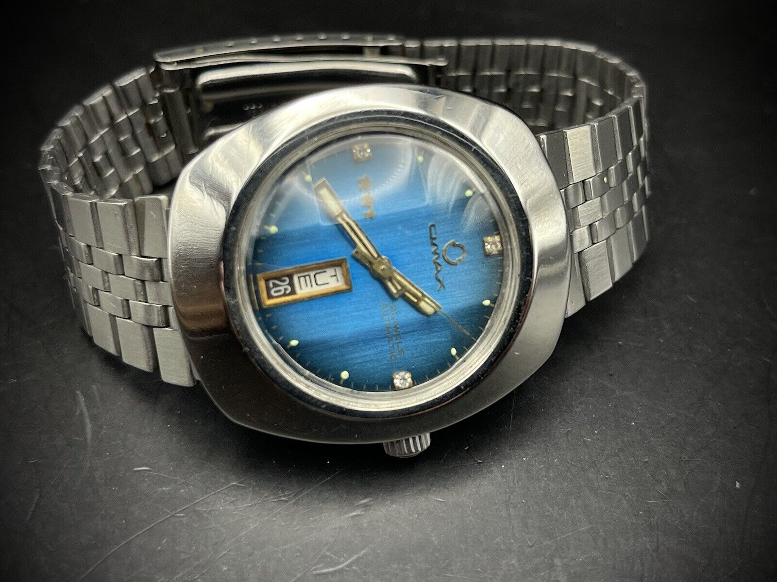 Vintage Omax 3 Star 21 Jewels Automatic Blue Dial 36mm Gents Watch, Swiss Made - Grab A Watch Co