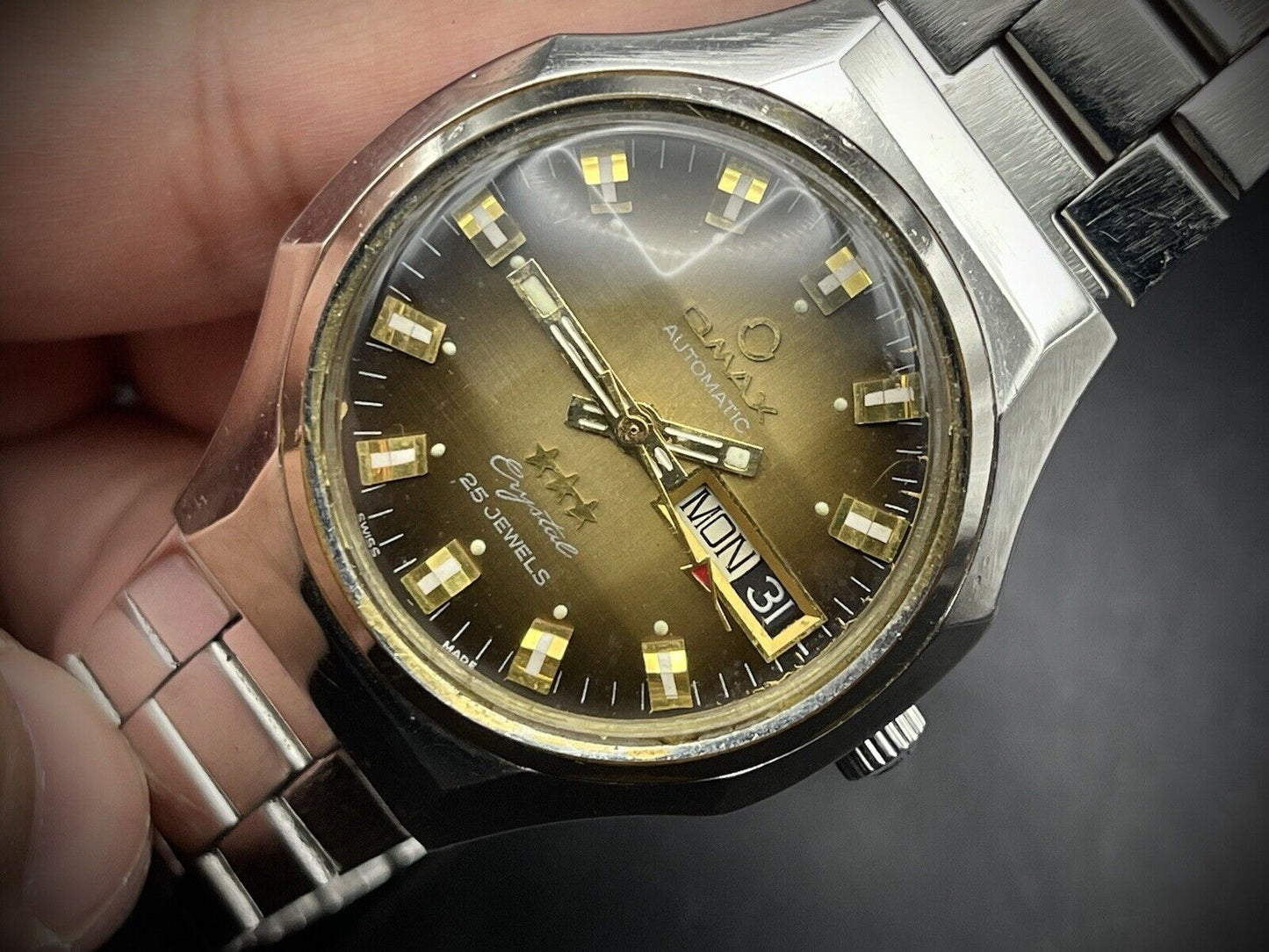 Vintage Omax 3 Star 21 Jewels Automatic Crystal 36mm Mens Watch, Swiss - Grab A Watch Co