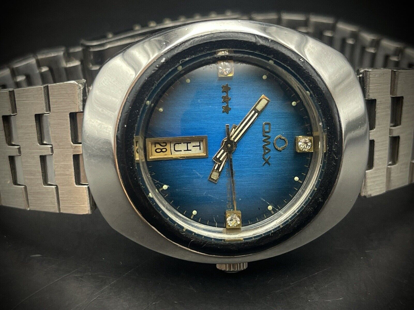 Vintage Omax 3 Star Automatic Blue Dial Gents Watch, Gift, Swiss Made - Grab A Watch Co