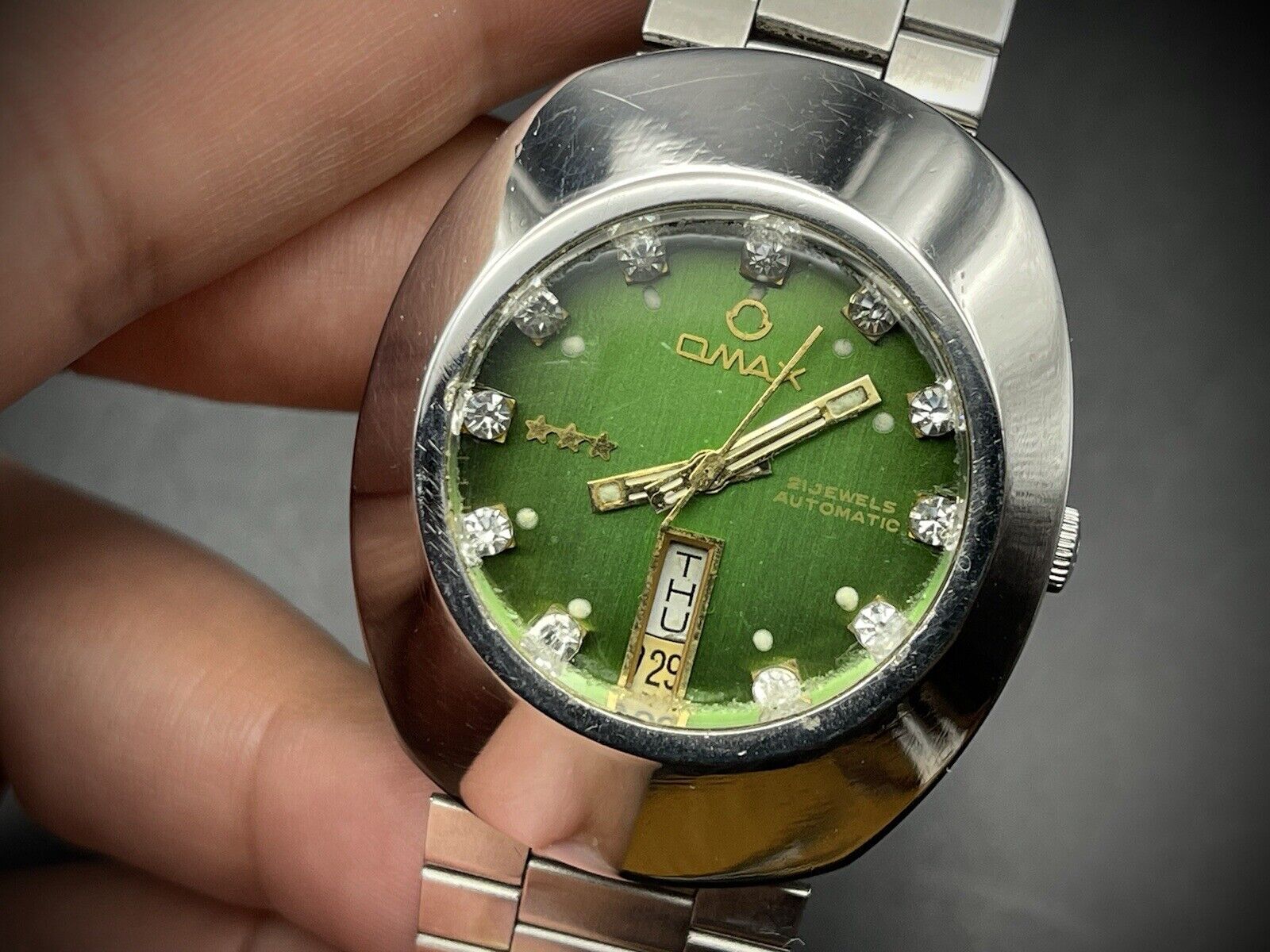 Vintage Omax 3 Star Automatic Green Diamind Dial Gents Watch Gift Sw Grab A Watch