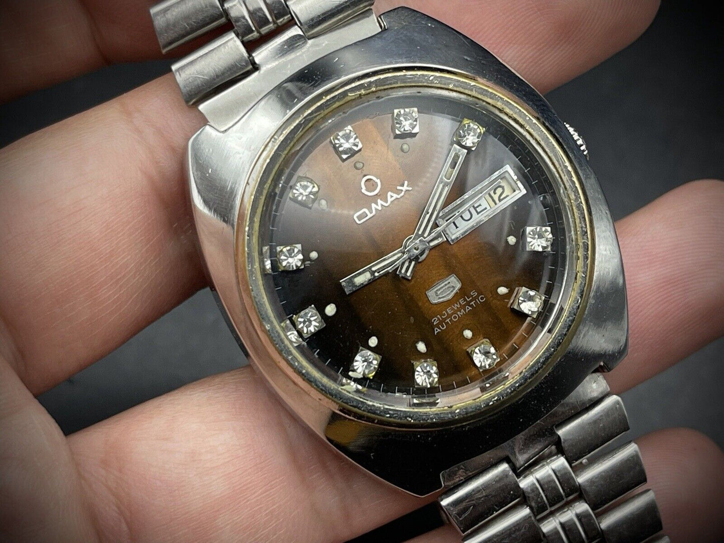 Vintage Omax 5 Automatic Brown Diamind Dial Gents Watch, Gift, Swiss 38mm - Grab A Watch Co
