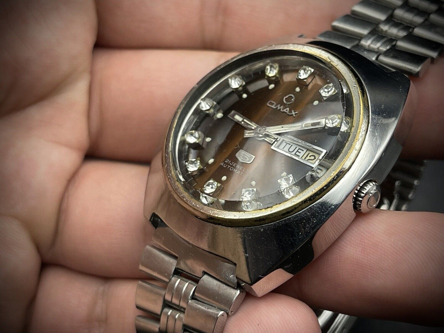 Vintage Omax 5 Automatic Brown Diamind Dial Gents Watch, Gift, Swiss 38mm - Grab A Watch Co
