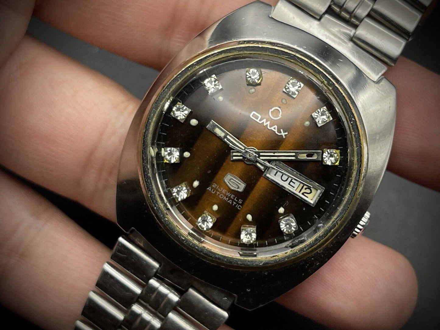 Vintage Omax 5 Automatic Brown Diamind Dial Gents Watch, Gift, Swiss 38mm - Grab A Watch Co