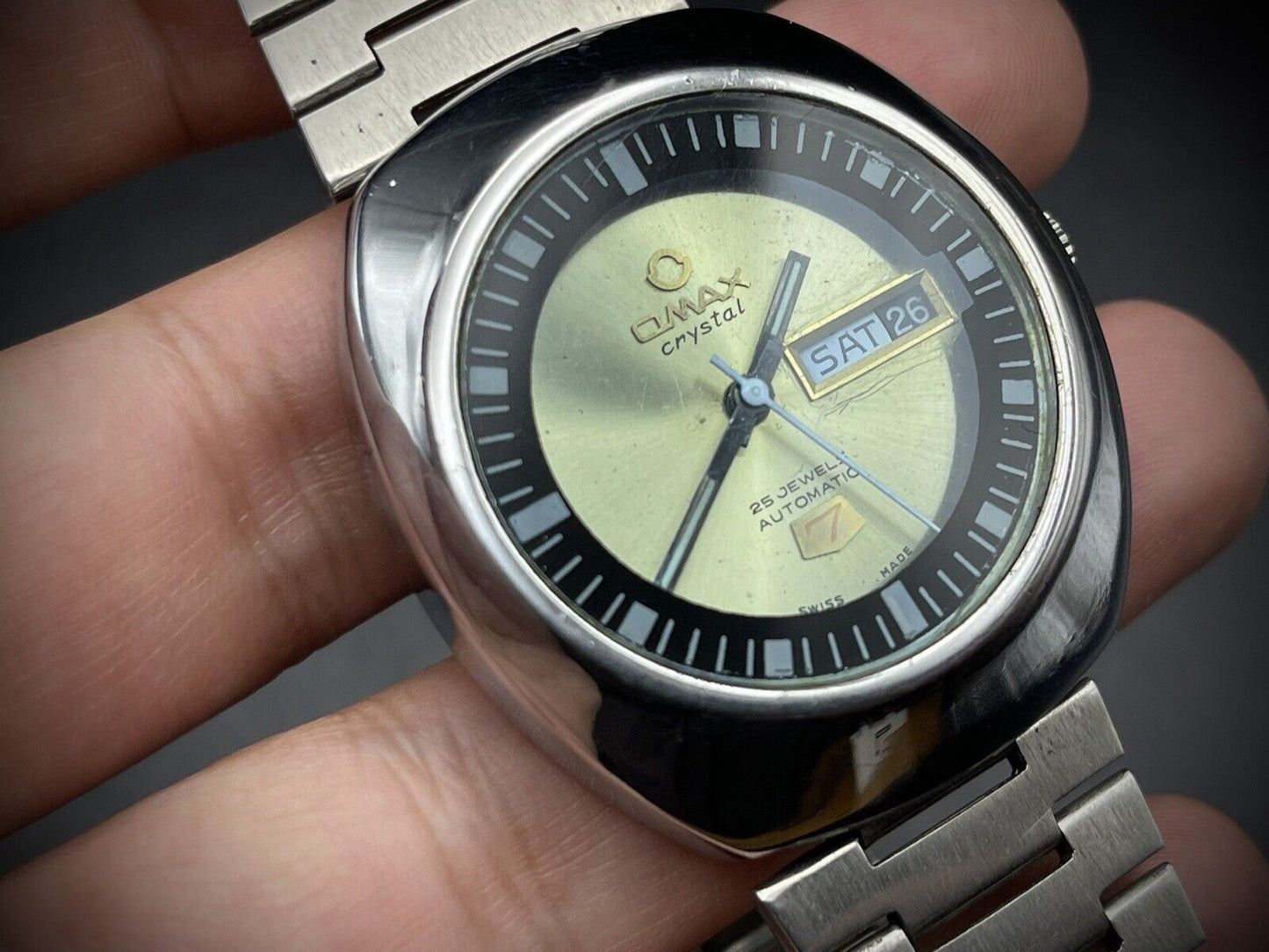 Vintage Omax 7 Crystal Automatic Alien UFO Green Dial Gents Watch, Swiss 38mm - Grab A Watch Co