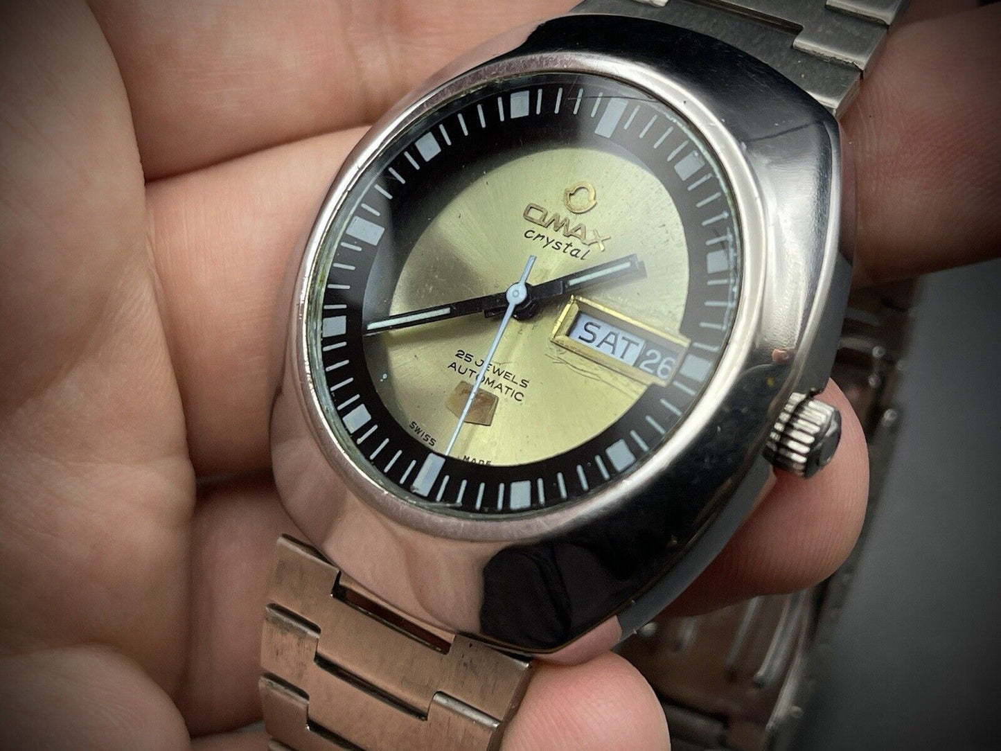 Vintage Omax 7 Crystal Automatic Alien UFO Green Dial Gents Watch, Swiss 38mm - Grab A Watch Co