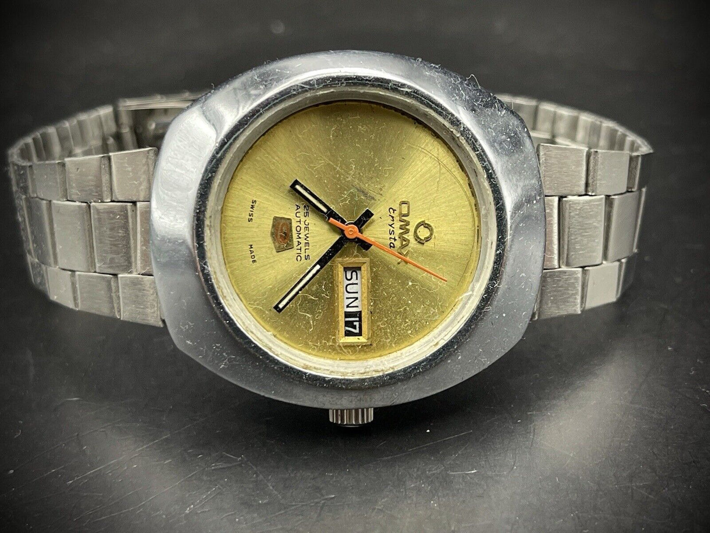 Vintage Omax 9 Crystal Automatic Gold Dial Gents Watch, Swiss 38mm, Spare Repair - Grab A Watch Co
