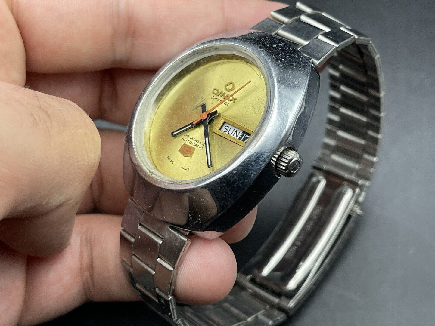Vintage Omax 9 Crystal Automatic Gold Dial Gents Watch, Swiss 38mm, Spare Repair - Grab A Watch Co