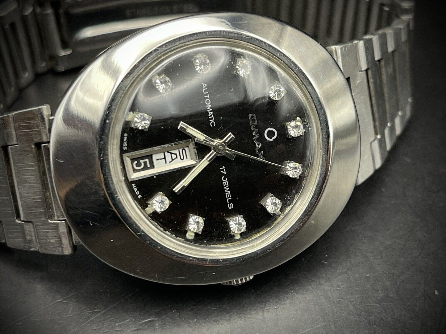 Vintage Omax Automatic Black Diamond Dial 36mm Gents Watch, Swiss Made - Grab A Watch Co