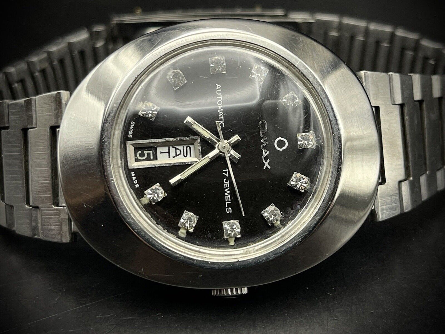 Vintage Omax Automatic Black Diamond Dial 36mm Gents Watch, Swiss Made - Grab A Watch Co