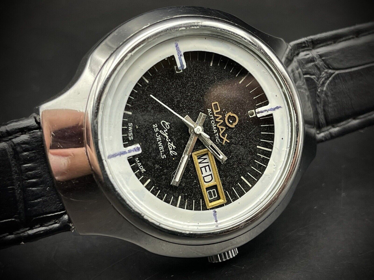 Vintage Omax Crystal 25 Jewels Automatic Black Dial 38mm Mens Watch, Swiss Made - Grab A Watch Co