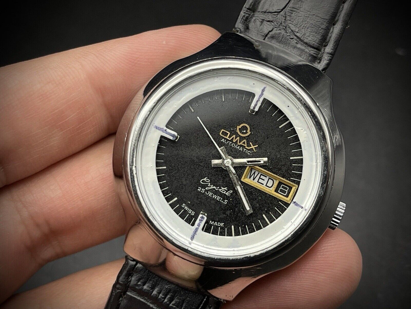 Vintage Omax Crystal 25 Jewels Automatic Black Dial 38mm Mens Watch, Swiss Made - Grab A Watch Co
