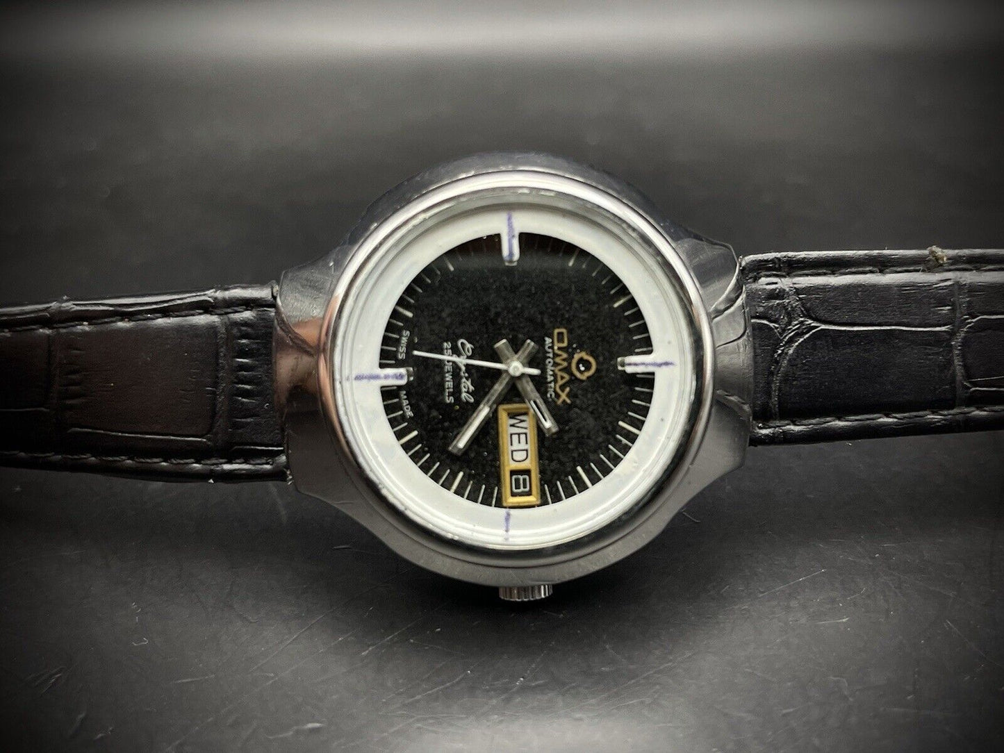 Vintage Omax Crystal 25 Jewels Automatic Black Dial 38mm Mens Watch, Swiss Made - Grab A Watch Co