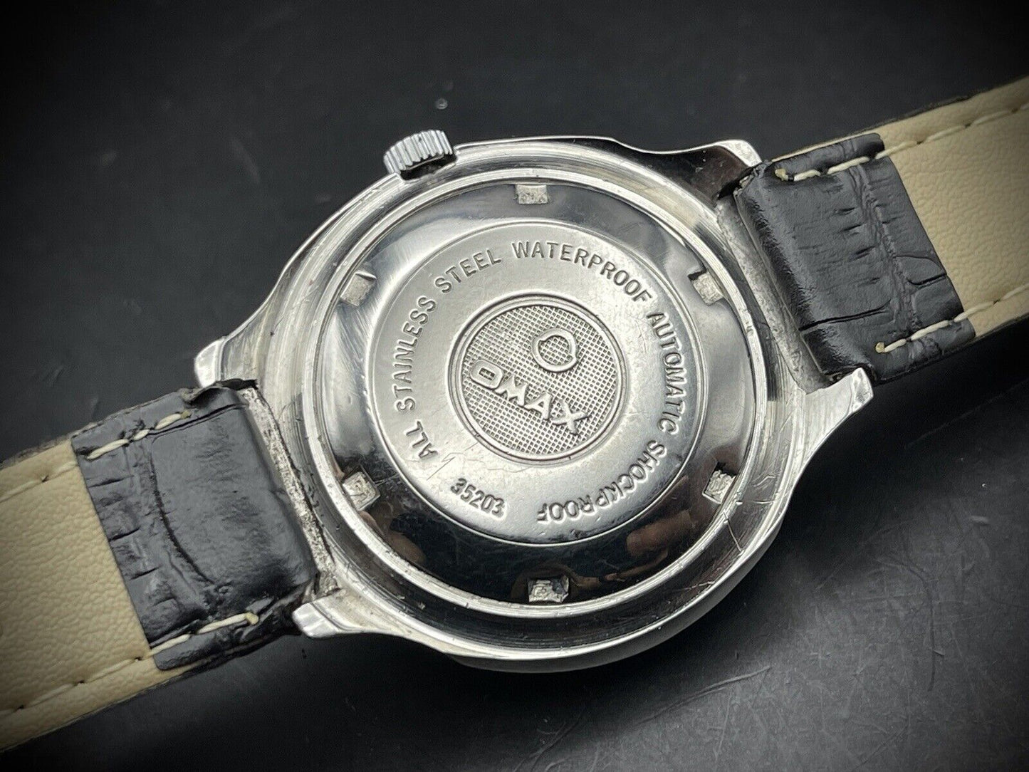 Vintage Omax Crystal 25 Jewels Automatic Black Dial 38mm Mens Watch, Swiss Made - Grab A Watch Co
