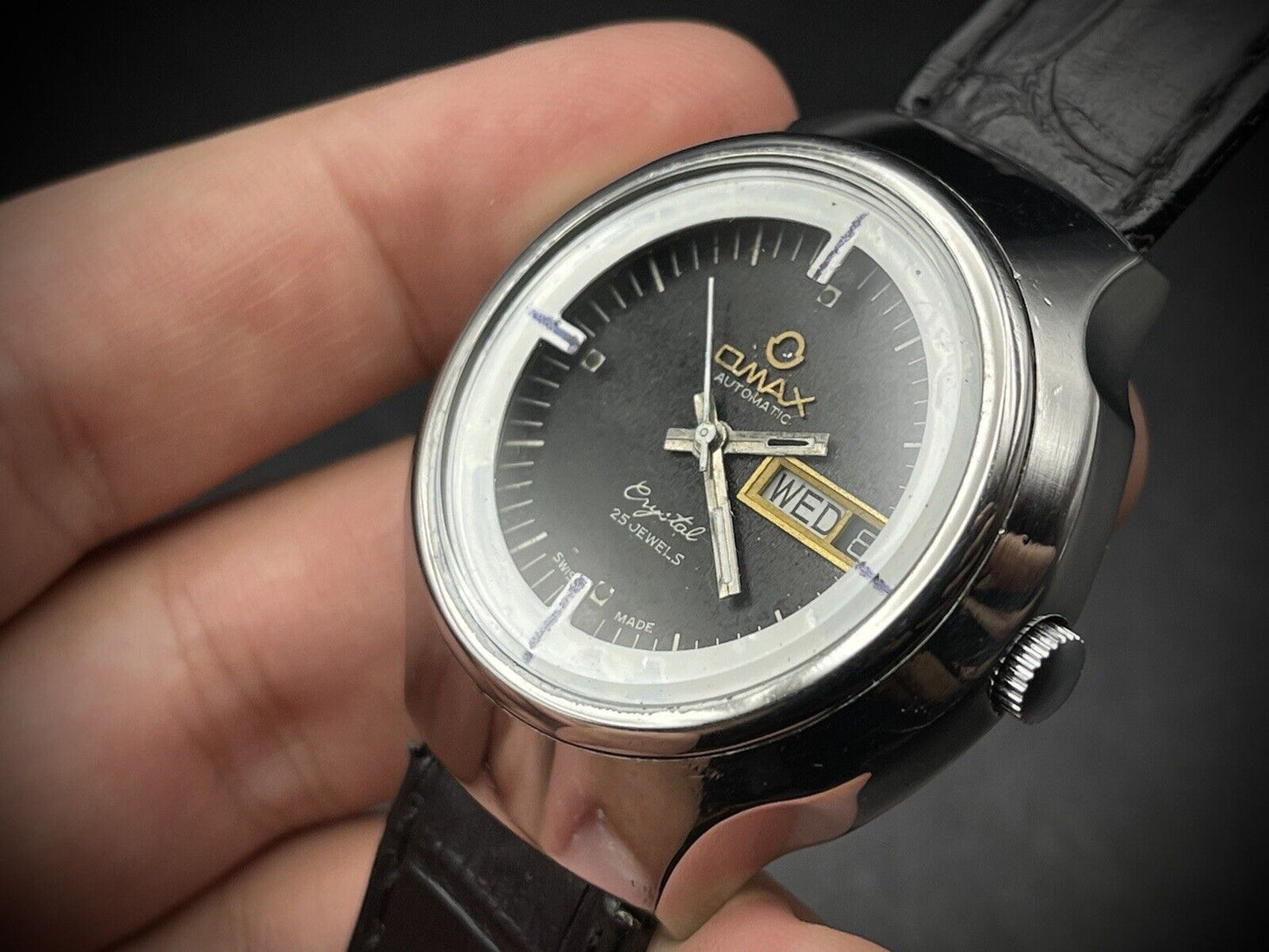 Vintage Omax Crystal 25 Jewels Automatic Black Dial 38mm Mens Watch, Swiss Made - Grab A Watch Co