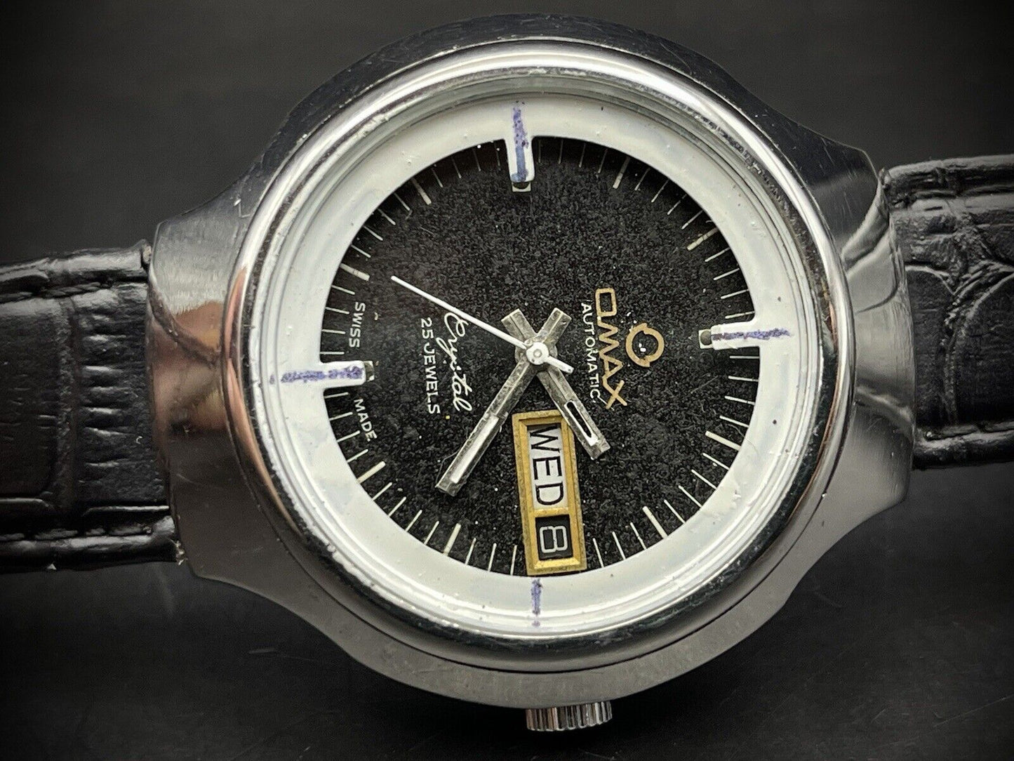 Vintage Omax Crystal 25 Jewels Automatic Black Dial 38mm Mens Watch, Swiss Made - Grab A Watch Co