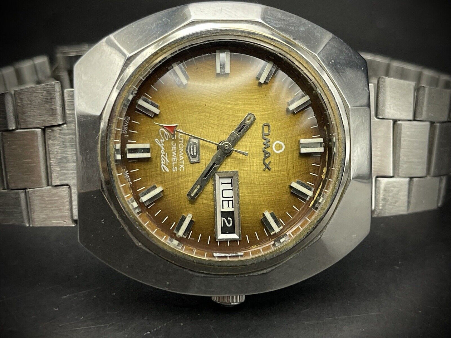 Vintage Omax Crystal 25 Jewels Automatic Brown Dial 36mm Gents Watch, Swiss Made - Grab A Watch Co