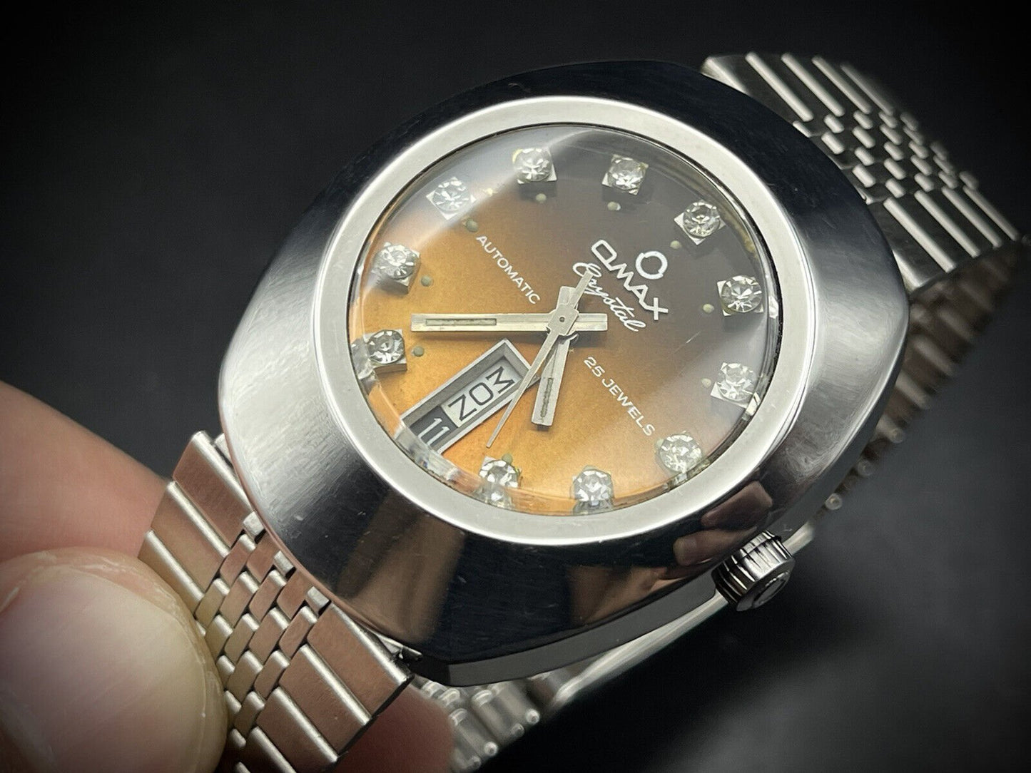Vintage Omax Crystal 25 Jewels Automatic Brown Diamond Dial 36mm Mens Watch - Grab A Watch Co