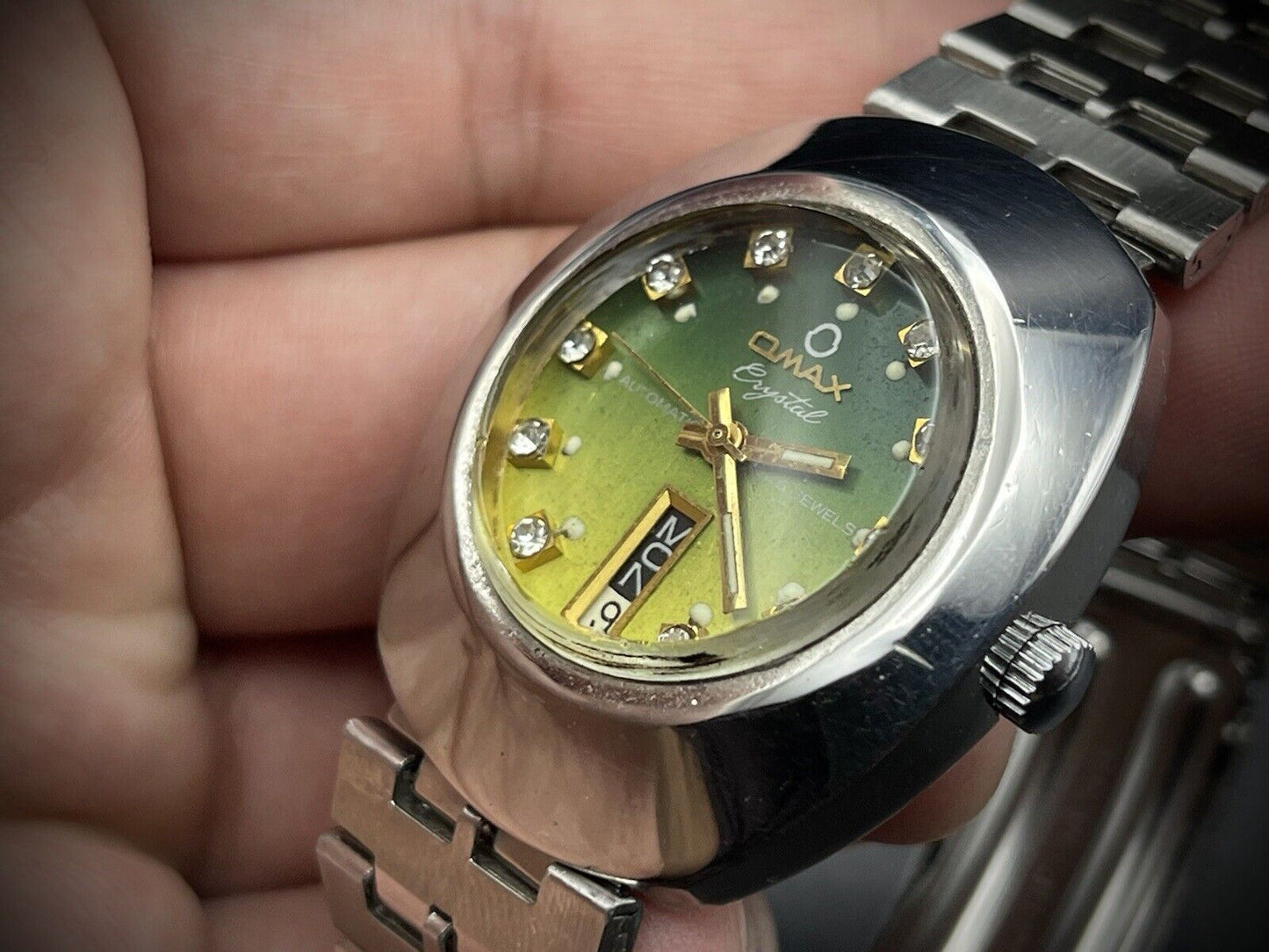 Vintage Omax Crystal 25 Jewels Automatic Green Diamond Dial 36mm Mens Watch - Grab A Watch Co