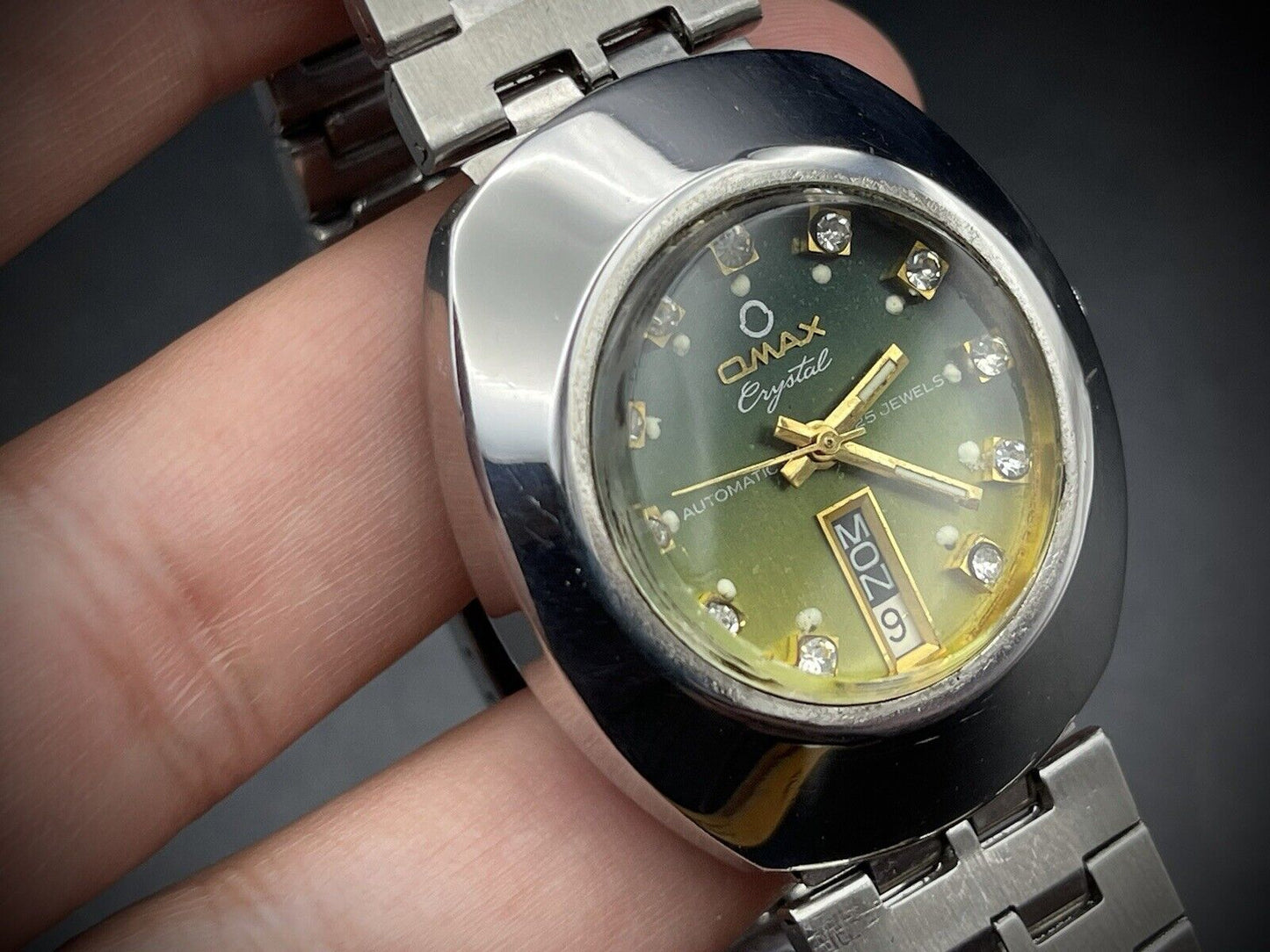 Vintage Omax Crystal 25 Jewels Automatic Green Diamond Dial 36mm Mens Watch - Grab A Watch Co