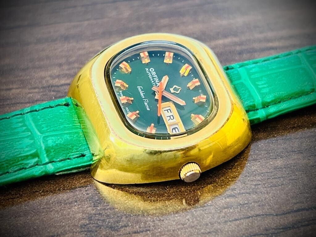 Vintage Orfina Golden Flame Emerald Green Dial Automatic Mens Swiss Watch 39mm - Grab A Watch Co