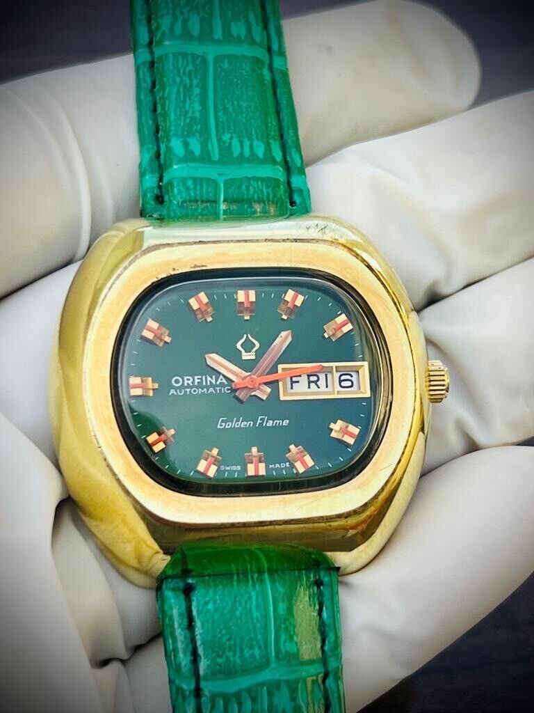 Vintage Orfina Golden Flame Emerald Green Dial Automatic Mens Swiss Watch 39mm - Grab A Watch Co