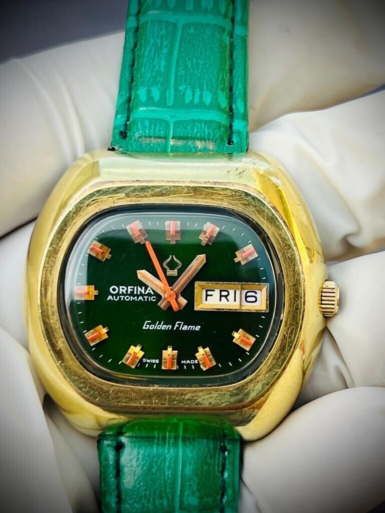 Vintage Orfina Golden Flame Emerald Green Dial Automatic Mens Swiss Watch 39mm - Grab A Watch Co
