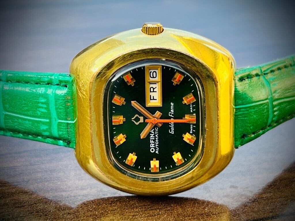 Vintage Orfina Golden Flame Emerald Green Dial Automatic Mens Swiss Watch 39mm - Grab A Watch Co