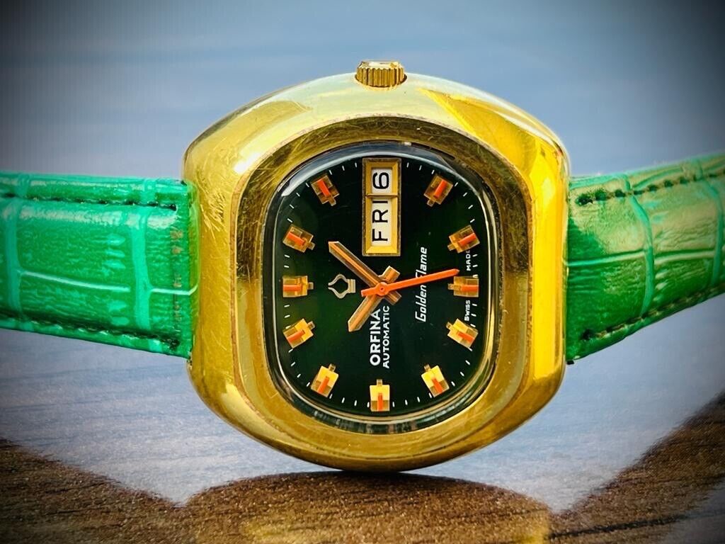 Vintage Orfina Golden Flame Emerald Green Dial Automatic Mens Swiss Watch 39mm - Grab A Watch Co