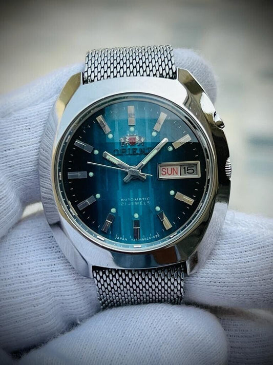 Vintage Orient 3 Crystal Blue Dial 38mm Shark Mesh Mens Watch, Perfect - Grab A Watch Co