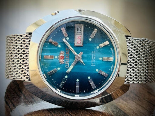 Vintage Orient 3 Crystal Blue Dial 38mm Shark Mesh Mens Watch, Perfect - Grab A Watch Co