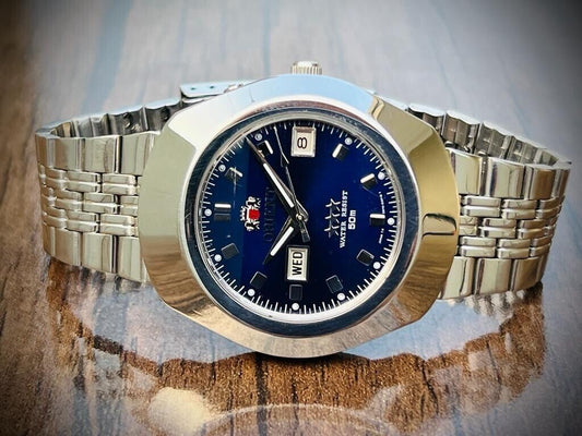 Vintage Orient 3 Star 50m Blue Dial, Diamond Cut Sapphire Glass Mens Watch 40mm - Grab A Watch Co