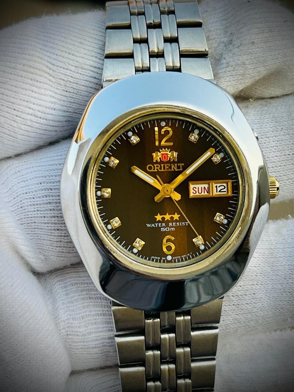 Vintage Orient 3 Star 50m Brown Diamond Dial Mens Watch 40mm, Rare - Grab A Watch Co
