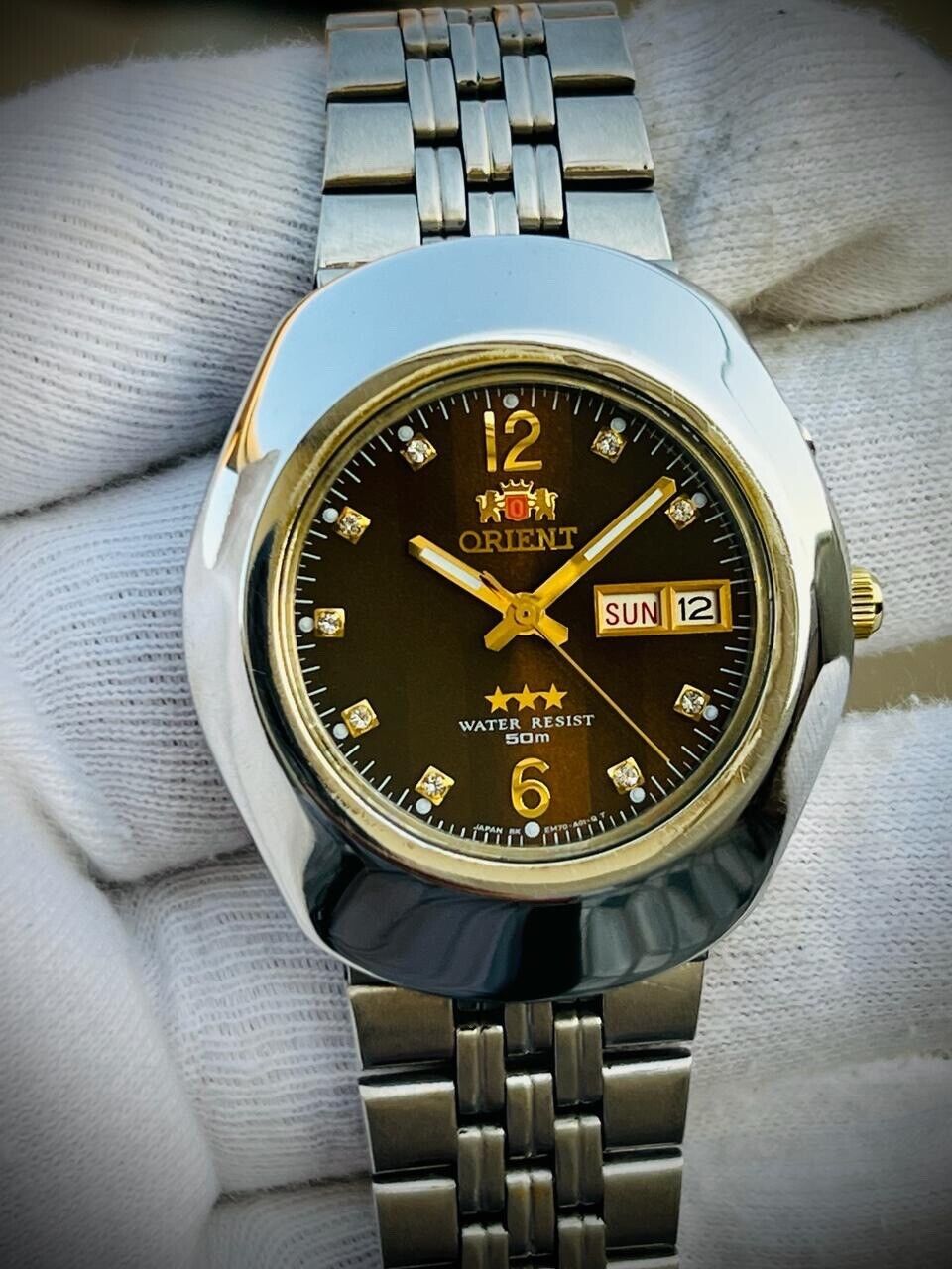 Vintage Orient 3 Star 50m Brown Diamond Dial Mens Watch 40mm, Rare - Grab A Watch Co