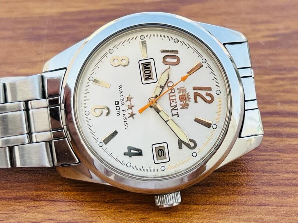 Vintage Orient 3 Star 50m Day Date Silver Dial Mens Watch 38mm - Grab A Watch Co