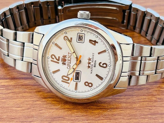 Vintage Orient 3 Star 50m Day Date Silver Dial Mens Watch 38mm - Grab A Watch Co