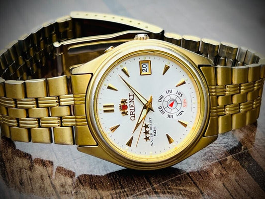 Vintage Orient 3 Star 50m NOS Gold Plated, Perfect Mens Watch 38mm - Grab A Watch Co