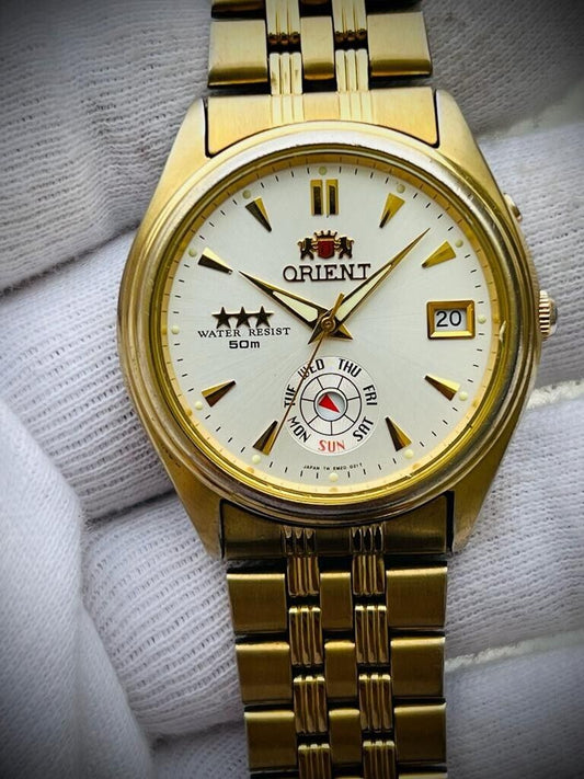 Vintage Orient 3 Star 50m NOS Gold Plated, Perfect Mens Watch 38mm - Grab A Watch Co
