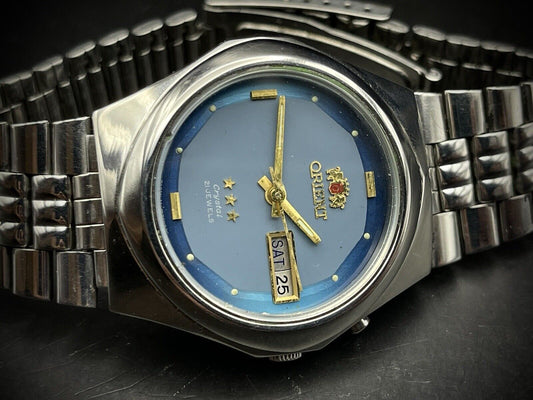 Vintage Orient 3 Star Blue Dial 35mm Gents Watch, Japan made, Perfect - Grab A Watch Co