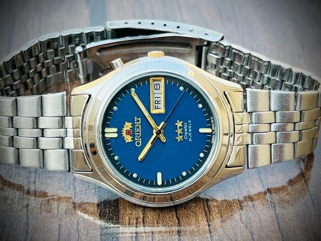 Vintage Orient 3 Star Crystal NOS 21 Jewels Blue Dial, Perfect Mens Watch 36mm - Grab A Watch Co