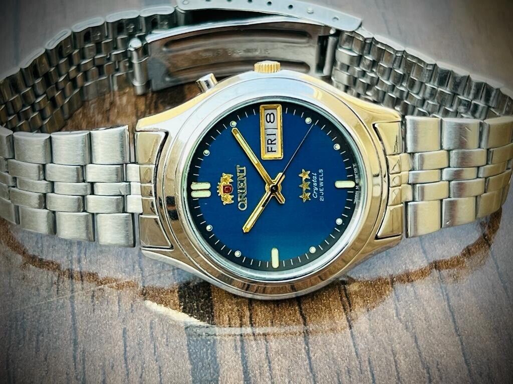 Vintage Orient 3 Star Crystal NOS 21 Jewels Blue Dial, Perfect Mens Watch 36mm - Grab A Watch Co