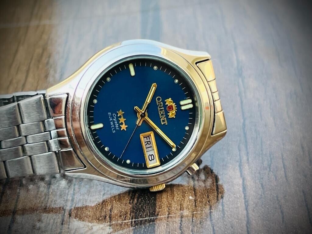 Vintage Orient 3 Star Crystal NOS 21 Jewels Blue Dial, Perfect Mens Watch 36mm - Grab A Watch Co
