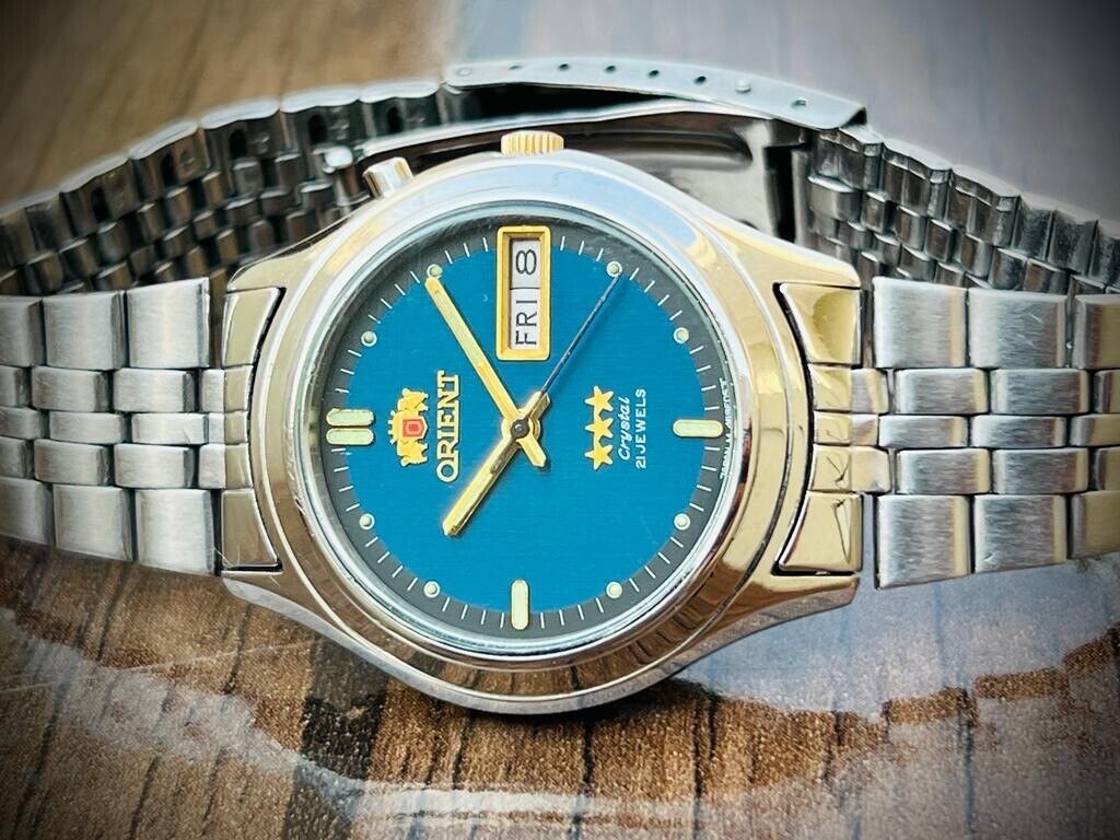 Vintage Orient 3 Star Crystal NOS 21 Jewels Blue Dial, Perfect Mens Watch 36mm - Grab A Watch Co