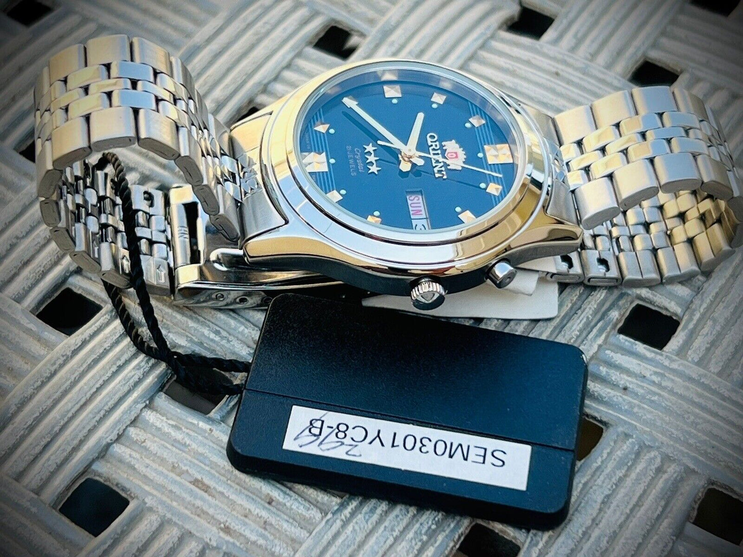 Vintage Orient 3 Star Crystal NOS With Tags 21 Jewels Dark Blue Dial, Perfect - Grab A Watch Co
