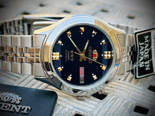 Vintage Orient 3 Star Crystal NOS With Tags 21 Jewels Dark Blue Dial, Perfect - Grab A Watch Co