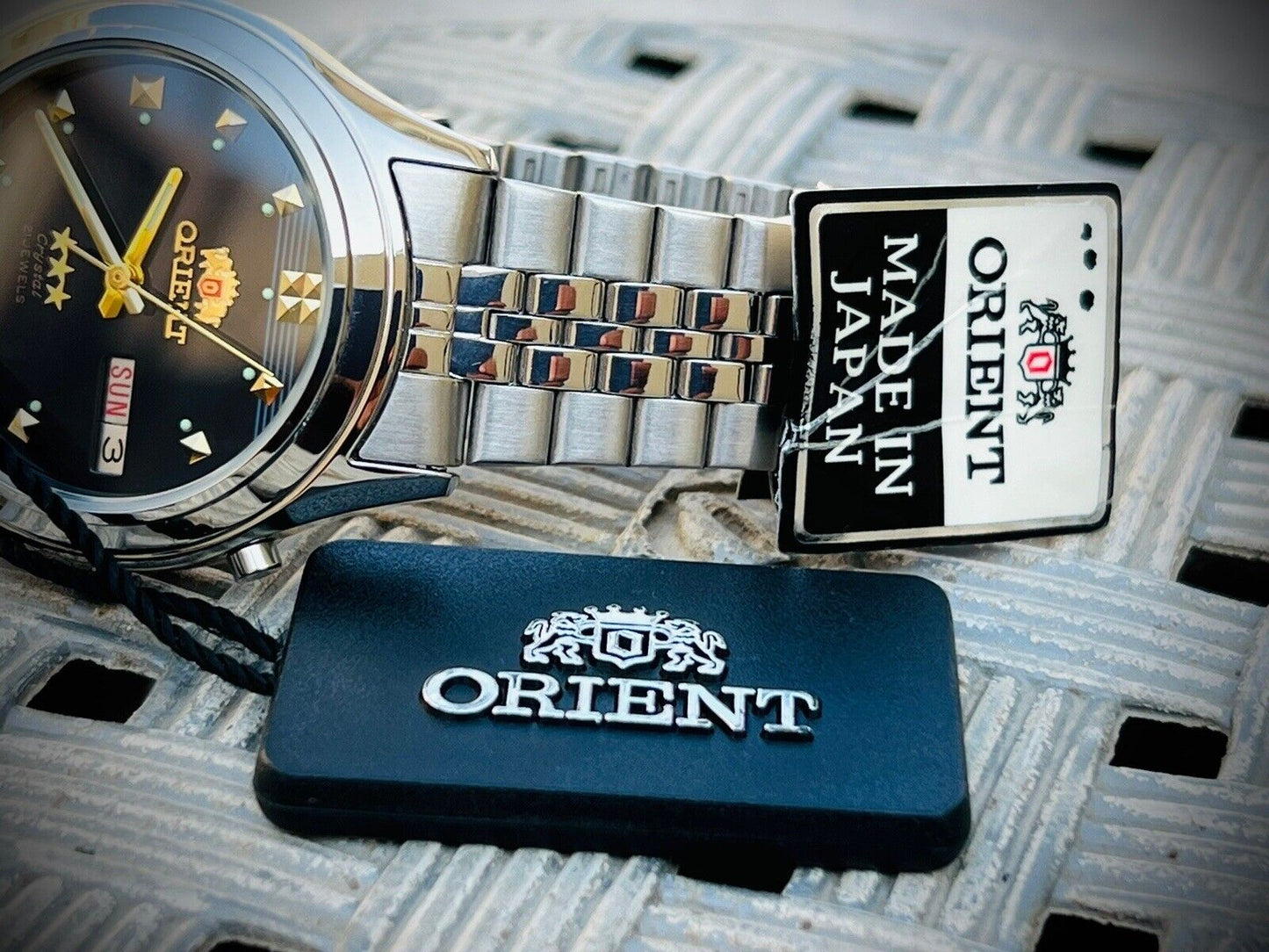 Vintage Orient 3 Star Crystal NOS With Tags 21 Jewels Dark Blue Dial, Perfect - Grab A Watch Co